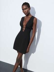 Maija 优雅的2025春夏短裙，女士休闲度假时尚连体衣，带圆环装饰，黑色亚克力，都市时尚，适合音乐节、海滩度假、日常休闲、浪漫都市度假、活动、毕业典礼