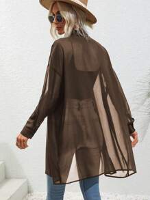 SHEIN LUNE Solid Color Front Button Up See-Through Casual Long Sleeve Shirt Fall Cloth For Women - Coffee Brown - View 2