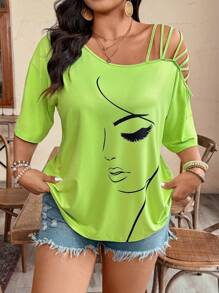 EMERY ROSE Camiseta de manga corta con cuello asimétrico y estampado de retrato, estilo casual para tallas grandes, para verano - Verde - Ver 3