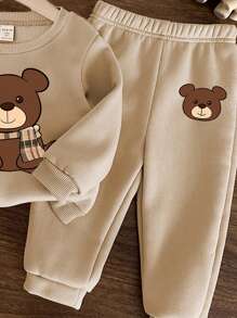 SHEIN Baby Boys Casual Minimalist Cartoon Bear Pattern Knit Soft Crew Neck Sweatshirt And Pants Set, Thicken For Autumn Winter - Khaki - View 5