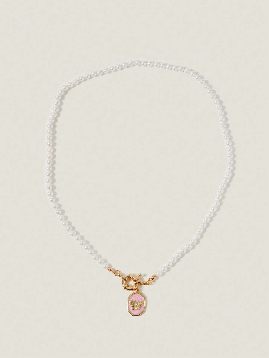 Muvela 18K 镀层优雅心形和珍珠吊坠项链 - 金黃色 - 查看 1