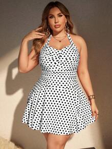 Swim Lushoire 大码女式随机印花吊带背心遮臀连体泳衣，休闲与度假 - 黑與白 - 查看 5