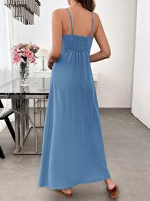 SHEIN LUNE Đầm màu xanh lá cây nhạt, chất liệu giống vải lanh, thân thiện với da, thích hợp cho kỳ nghỉ hè của nữ, kiểu dáng thường ngày. - Màu xanh lam - Xem 2