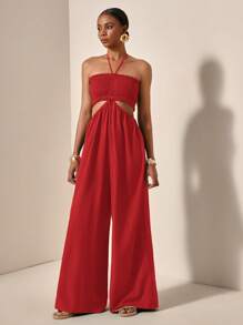 Slaydiva Women's Solid Color Sleeveless Hollow Out Casual Jumpsuit For Summer