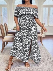 SHEIN Clasi Große Größen Mode neuer bedruckter Saum, Off-Shoulder Urlaubs-Stil Urlaubskleid Frühlings-Kleid Strand Damen Outfit Sommer Damen Outfit Sommerkleid Boho, Weniger schwarze Sommer Outfits für Damen St. Patrick Tag Rave Outfits Festival Frühlingsferien Outfits St. Patrick Boho - Schwarz und Weiss - Übersicht 3