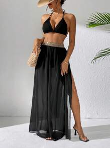 SHEIN Swim Women's Black Lace Waist Split Hem Skirt And Overlay Set, Spring/Summer - Black - View 5