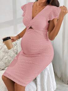 SHEIN Maternity Embroidered & Twisted Cutout Ruffled Sleeve Fitted Dress - Baby Pink - View 4