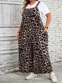 SHEIN CURVE+ Plus Size Leopard Print Jumpsuit, Simple And Fashionable, Suitable For Summer Boho Vacation - Brown - View 7