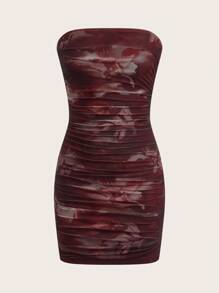 SHEIN EZwear 女士扎染印花褶皱露肩迷你连衣裙 - 酒紅色 - 查看 3