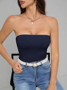 SHEIN Tall Women's Casual Navy Blue Strapless Bodysuit: A Sleek And Versatile Sleeveless Backless Design For Effortless Everyday Style - Navy Blue - View 4