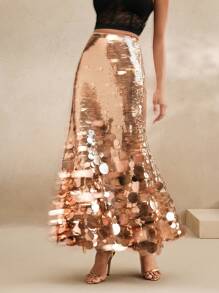 Anewsta Women's Solid Color Fancy Sequin Mermaid Hem Skirt - Champagne - View 3
