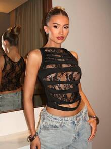 SHEIN BAE Áo ba lỗ hở vai ren đen trơn không tay cho nữ dạo phố, áo hai dây ren gợi cảm xuyên thấu - màu đen - Xem 1