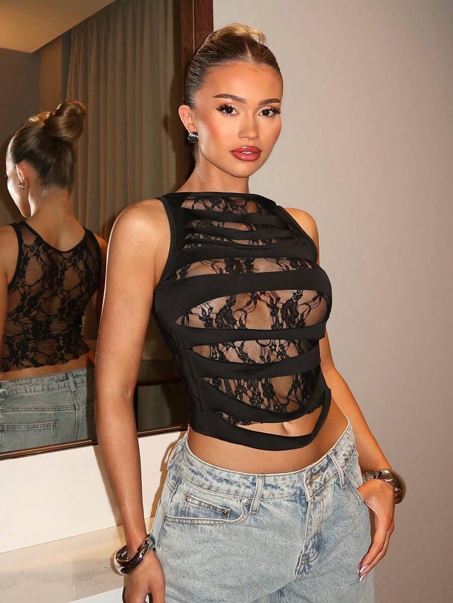 SHEIN BAE Áo ba lỗ hở vai ren đen trơn không tay cho nữ dạo phố, áo hai dây ren gợi cảm xuyên thấu - màu đen - Xem 1