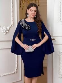 SHEIN Clasi 大码优雅派对珍珠装饰斗篷袖修身连衣裙 - 藏蓝色 - 查看 6