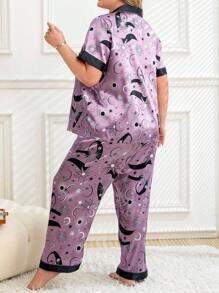 Conjunto de pijama de satén en talla grande con estampado de estrellas y luna creciente en color morado