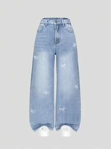 Tween Girls Fashion Light Blue Washed Denim Butterfly Rhinestone Embellished Loose Wide Leg Casual Elastic Waist Jeans - Light Wash - View 3