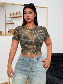 SHEIN EZwear Plus Size Women Translucent Round Neck Short Sleeve Printed Blouse - Multicolor - View 3