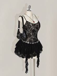 SHEIN ICON Plus Size Round Neck Lace Strap Dress, Double Layer Ruffle Hem Strap Dress, For Music Festival - Black - View 4