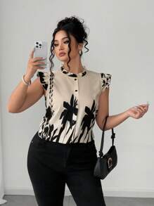 Elenzga Áo sơ mi tay ngắn in hoa cổ bèo nhún cỡ lớn cho nữ, thanh lịch - Màu be - Xem 3