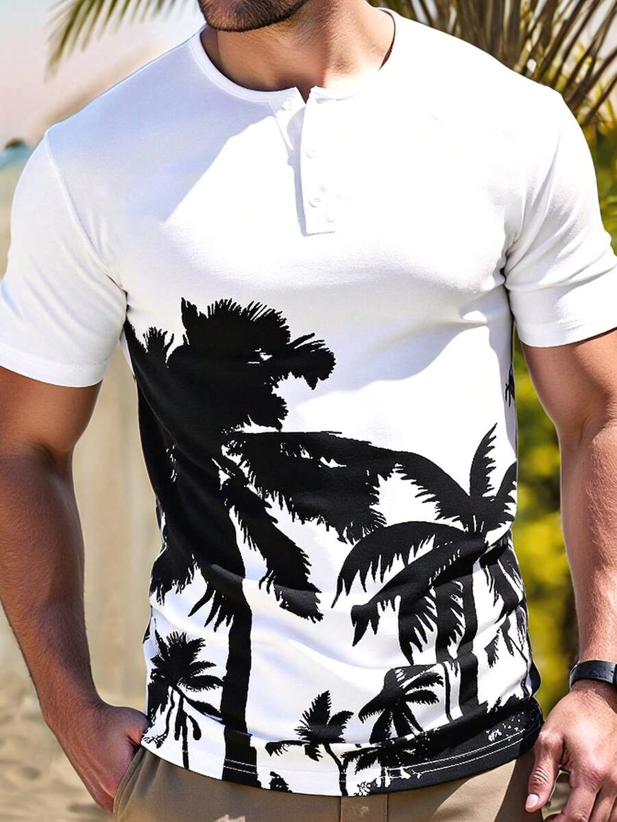 Genlund 男士休闲棕榈树印花 T 恤 男士沙滩上衣 男士 T 恤 休闲男士服装 男士 T 恤套装 - 白色 - 查看 1