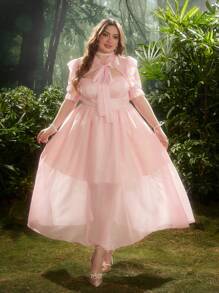 Lyrianda Plus Size Elegant Summer New Arrival French Style Pink Sweet Elegant Embossed Glossy 2 In 1 Collar Bowknot Puff Sleeve Dress, Big Swing Mini Party Dress