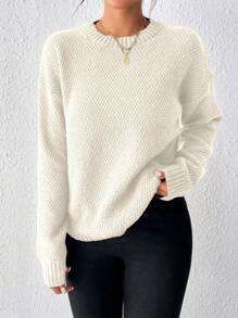EMERY ROSE Women's Solid Color Long Sleeve Round Neck Simple Fashion Pullover Sweater Knit Pullover Fall Winter - Beige - View 5