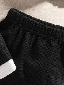 SHEIN Playful Pals 3件組男嬰夏季套裝 黑白華夫格面料 2合1上衣短褲與帽子 休閒海灘穿搭 日常戶外學校度假適用 - 黑與白 - 查看 3