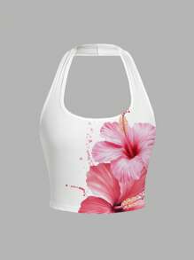 SHEIN EZwear Áo ba lỗ cổ yếm in hoa giản dị dành cho nữ, phù hợp cho mùa hè - trắng - Xem 2