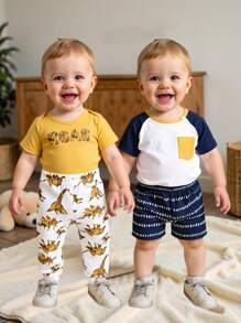 4pcs/Set Baby Boy Casual Dinosaur Print Contrast Color Bodysuit, Patterned Shorts, And Dinosaur Print Pants Set, Suitable For Everyday Wear, Spring & Summer