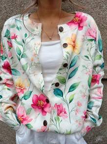 SHEIN LUNE 全新女式纽扣印花花卉和树叶图案薄款圆领长袖休闲开衫 - 米色 - 查看 5