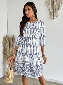 EMERY ROSE Đầm cổ tròn tay ngắn in họa tiết cho nữ, tối giản & thời trang, phù hợp cho mùa hè - Nhiều màu - Xem 4