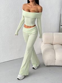 Muchica Women's Solid Color Off-The-Shoulder Cropped Top And Flared Pants 2 Pieces Set - Green - View 3