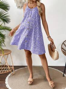 SHEIN 波西米亚孕妇度假碎花纽扣设计吊带背心连衣裙 - 淡紫色 - 查看 7