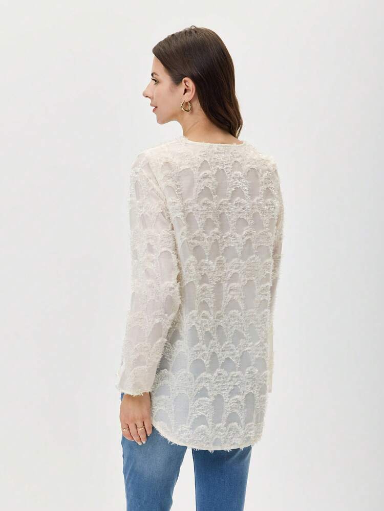 Women's Autumn V-Neck Jacquard Cuff Sleeve Loose Casual Versatile Shirt
