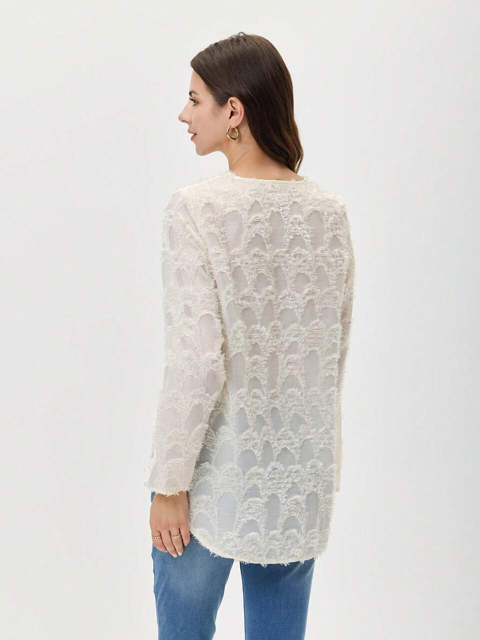 Women's Autumn V-Neck Jacquard Cuff Sleeve Loose Casual Versatile Shirt