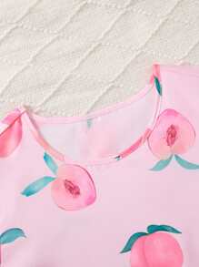 6pcs Girls Oversized Fruit Print Short Sleeve Top And Shorts Pajama Set, Loose And Comfortable Homewear