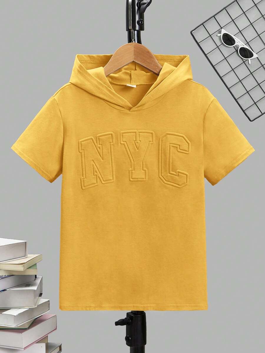 SHEIN Tween Boy Casual Comfortable Solid Color Embossed Knit T-Shirt - Yellow - View 1