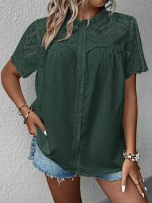 SHEIN Clasi Áo sơ mi rộng rãi đơn hàng thường ngày thêu Burnout cỡ lớn cho nữ - Màu xanh lá cây đậm - Xem 5