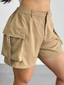 POPSWAY Plus Size Women's Summer Cargo Shorts With Large Pockets, Khaki, Suitable For Outdoor, Commute, Street Wear - Khaki - View 1