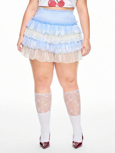 Kawaii Plus Size Women Coquett Colorblock Ruffle Hem Mini Skirt