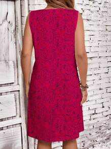 SHEIN LUNE Plus Size Women Floral Print Crew Neck Sleeveless Tank Dress Sundress,Casual Summer Women Outfit Beach Women Outfit - Hot Pink - View 2