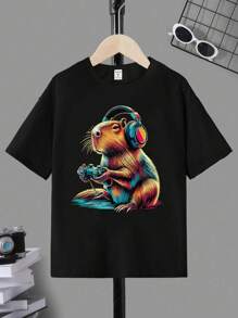 SHEIN GraphicGems Tween Boys' Casual Creative Cute Cartoon Capybara Graphic Print Basic Short Sleeve T-Shirt - Black - View 3