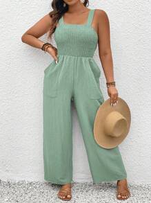 SHEIN Clasi Plus Size Solid Color Simple Fashion Sleeveless Jumpsuit, Suitable For Summer - Green - View 5