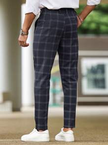 Manfinity Homme Men's Casual Plaid Pattern Front Button Pocket Suit Pants - Blue - View 2