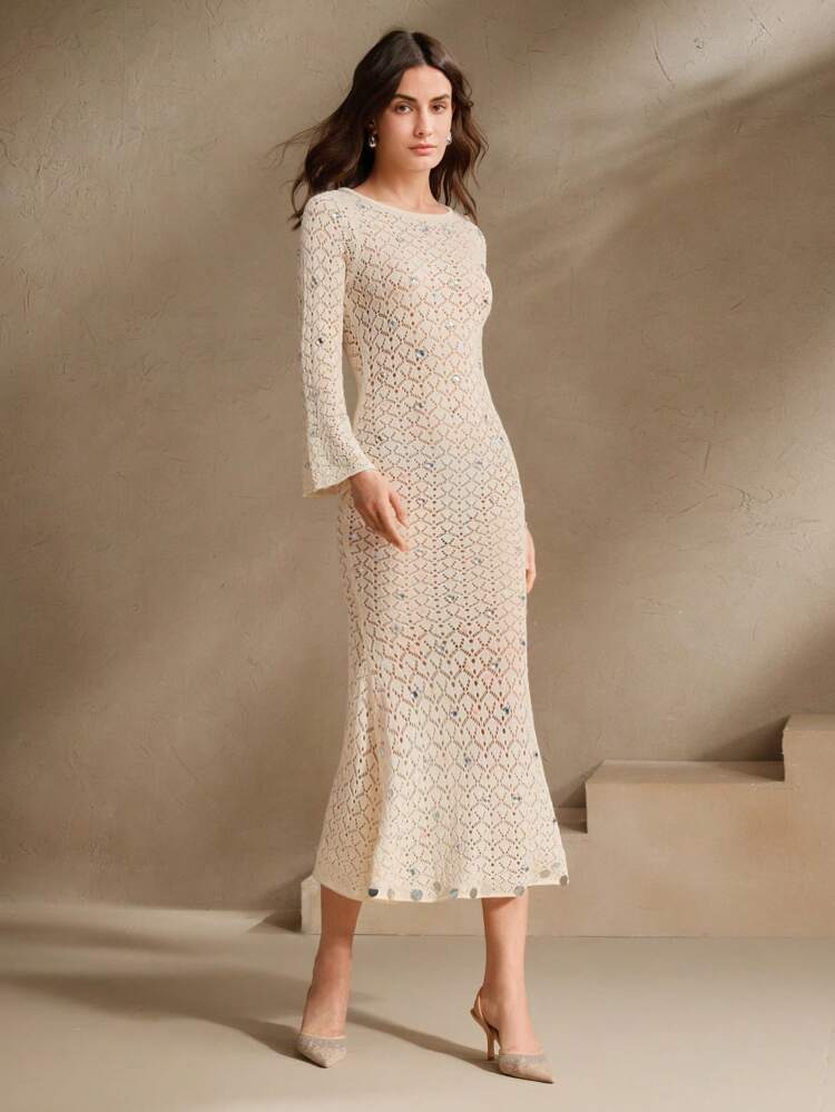 Vestido Sereia Ajustado de Manga Trompete com Contas de Pérolas Desgastado, Conjunto Capa Transparente Adequado para Festival, Eventos, Férias, Praia, Férias de Verão Casuais