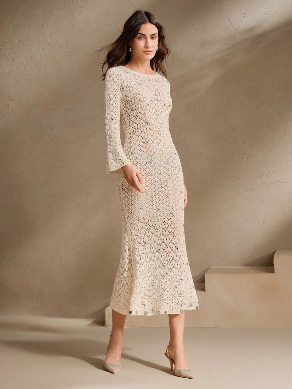 White Summer Elegant Vacation Holiday Pearl Beaded Trumpet Sleeve Fitted Mermaid Dress,Distressed Sheer Cover Up Outfit For Festival Beach
