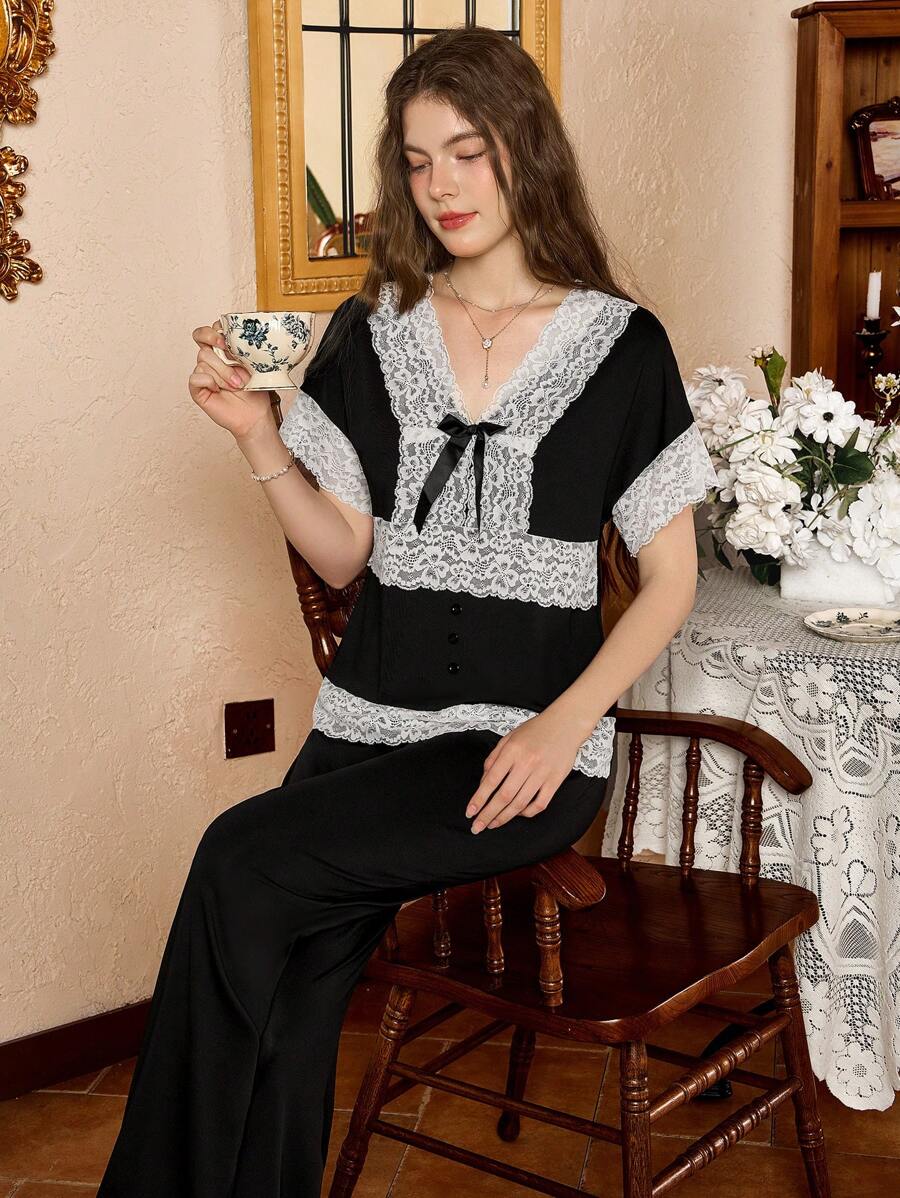 Elegant Lace Trim Color Block Women Pajama Sets - Black - View 1