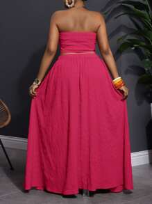 Slaydiva Plus Size Women Textured Bandeau Top And A-Line Midi Skirt 2 Pieces Set For Vacation - Hot Pink - View 2