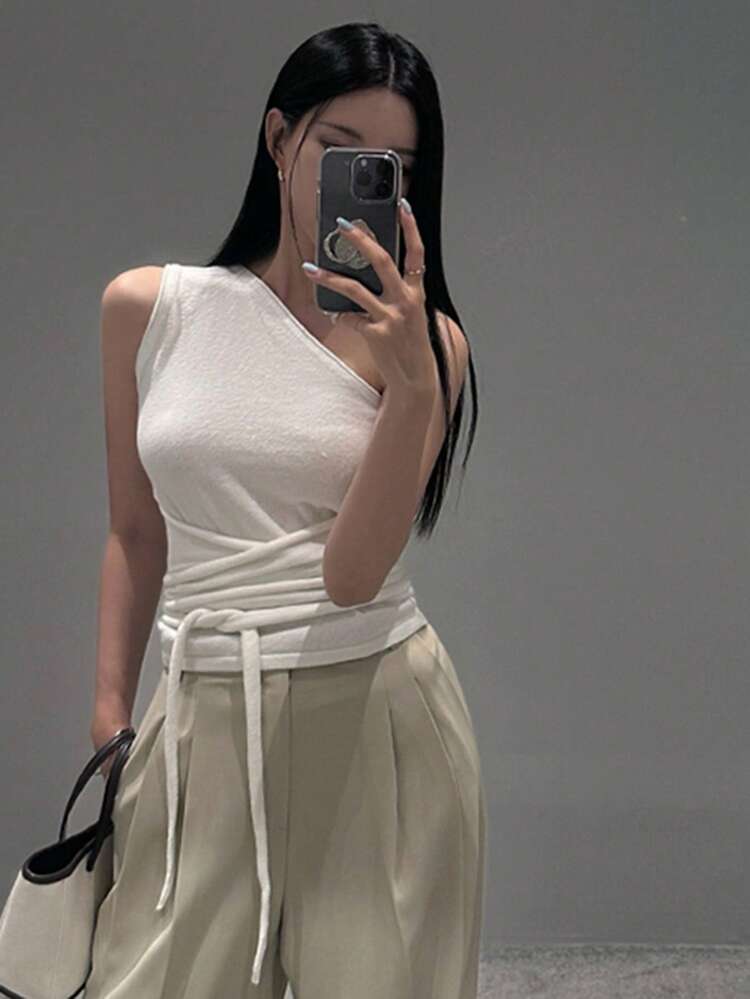 Women's Off Shoulder Skinny Lace Up Sleeveless Knit Top