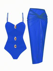 SHEIN Swim Women's Beach Outfit: Black Metal Decor Sexy Hollow Out Strap One Piece Swimsuit + Black Sheer High Slit Skirt For Summer Beach Vacation - Blue - View 4